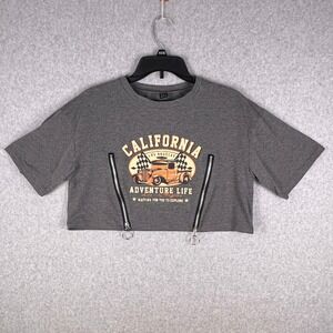 SHEIN Women's M Gray Crop Top California Adventure‎ Life Car Graphic Tee Zipper
